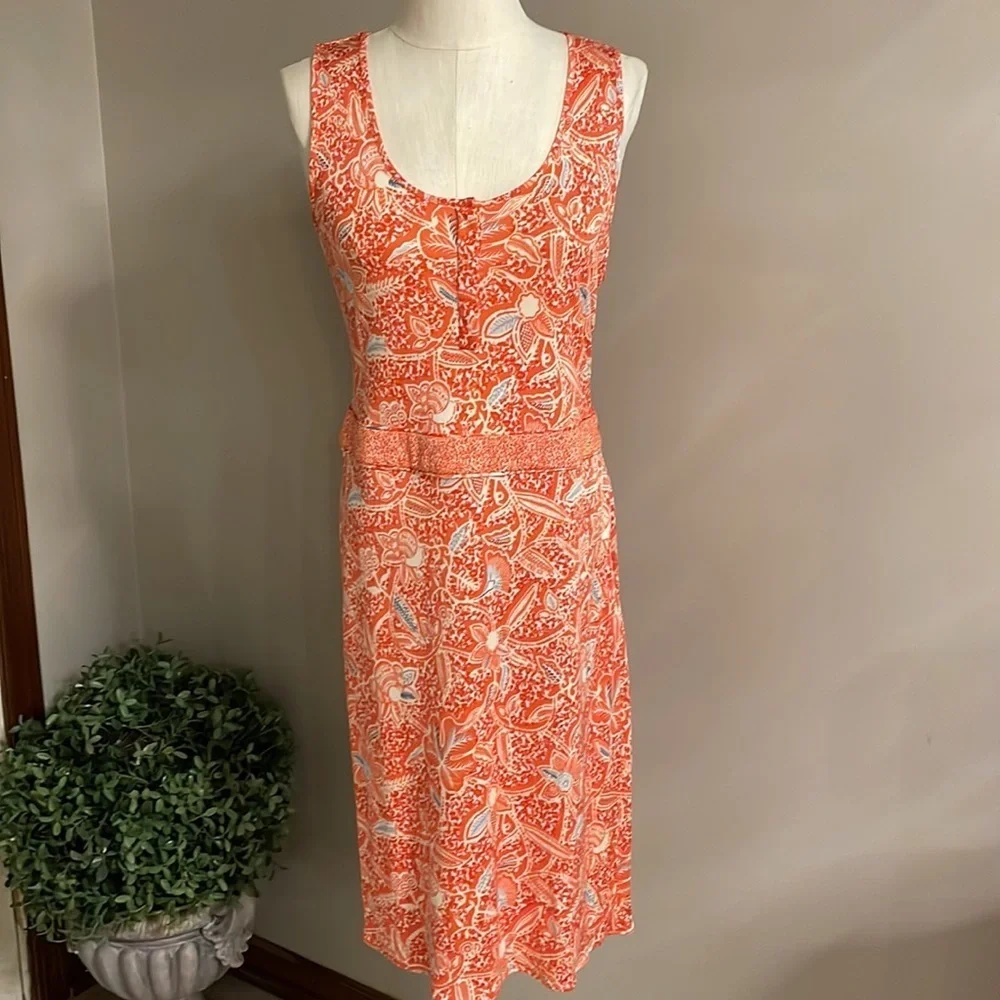 TORY BURCH orange floral stretchy SILK KNIT DRESS. Sleeveless zippered side Med